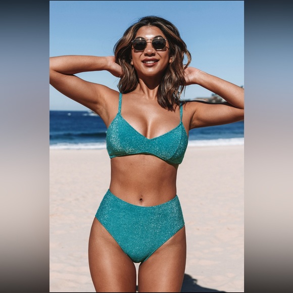 🧜🏼♀️ NWT CUPSHE Women’s Sparkle Bikini Large Bralette High Waisted Bottom - Picture 1 of 4